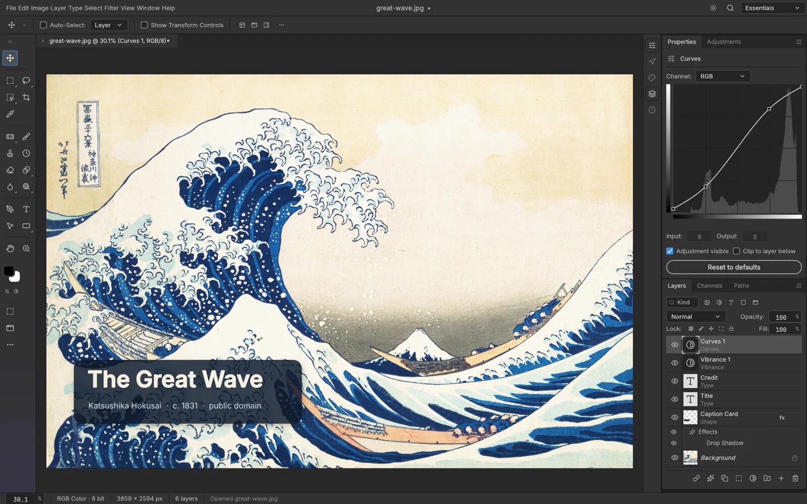 PhotoCraft open on Hokusai's The Great Wave, with layers and curves panels that look just like Photoshop